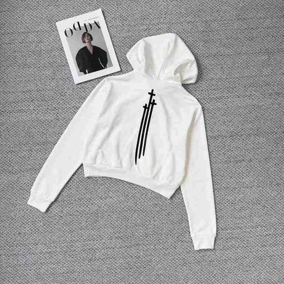 White Hooded Zip-Up Cropped Sweatshirt